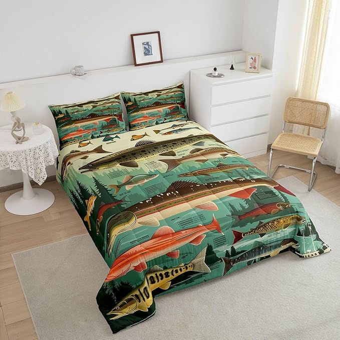 Erosebridal Fish Theme Queen Comforter Set,Fishing Lake House Bedding Sets for Kids Boys Men,Big Bass Pike Fish Quilt Bed Set,Rustic Cabin Farmhouse Bedroom Decor,2 Pillowcases Breathable
