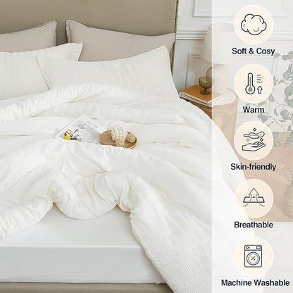 Beige Oversized Queen Comforter Set - 3 Pieces Seersucker Lightweight Bedding Comforter Sets (1 Soft Fluffy Comforter & 2 Pillowcases) - All Seasons Cozy Farmhouse Bed Sets for Women Men