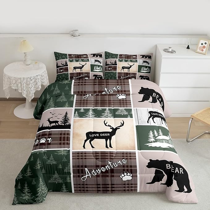 Rustic Cabin Lodge Bedding Full Size, Bear Deer Elk Comforter Set Vintage Farmhouse Adventure Quilt Woodland Forest Animal Grid Claw Bedding Comforter Sets Rustic Farmhouse Home Decor, Green Brown
