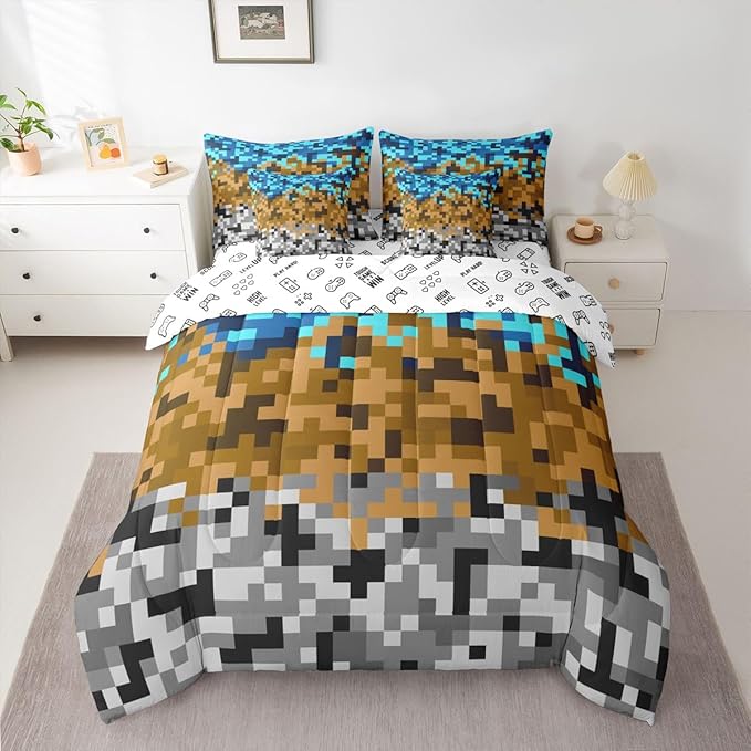 Pixelated Miners Gaming Bedding Set Queen Size,Blue Brown Grey 7pcs Comforter Set Kids Boys Teens Room Decor,Construct Theme Games Flat + Fitted Sheet Geometric Block 2 Cushion Cover,2 Pillowcase