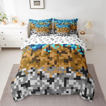 Pixelated Miners Gaming 7pcs Comforter Set Twin Size,Blue Brown Grey Bedding Sets Kids Boys Teens Room Decor,Construct Theme Games Flat + Fitted Sheet Geometric Block 2 Cushion Cover,2 Pillowcase