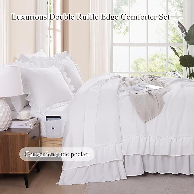 King Size Comforter Set White, Ruffle Shabby Chic Bedding Set Farmhouse 7 Pieces, All Season Fluffy Bed in a Bag with Sheets, Pillowcases & Shams