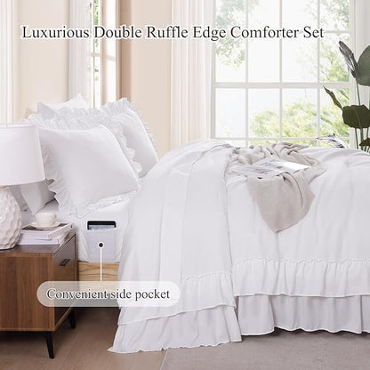 Full Comforter Set White, Ruffle Shabby Chic Bedding Set Farmhouse 7 Pieces, All Season Fluffy Bed in a Bag with Sheets, Pillowcases & Shams