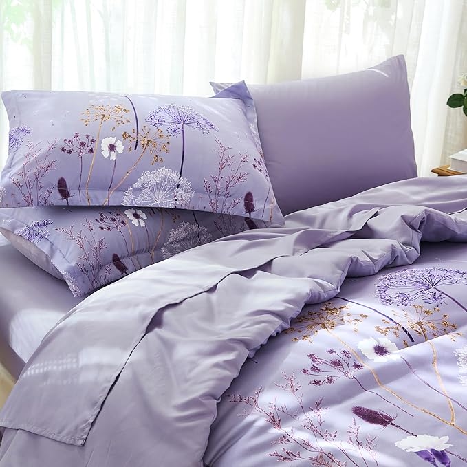 Yiran Queen Comforter Set, 7 Piece Floral Purple Bedding Set, Dandelion Botanical Bed in a Bag Queen, Soft Microfiber Complete Bedding Set with Comforter, Sheets, Pillowcases & Shams