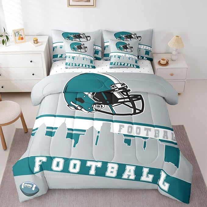 Erosebridal Football 7 Pcs Comforter Set Twin Football City Bedding for Boys Girls Grey Football Fans Sheet Set Bed in A Bag Rugby Game Room Decor Sports Ball Competition Quilt