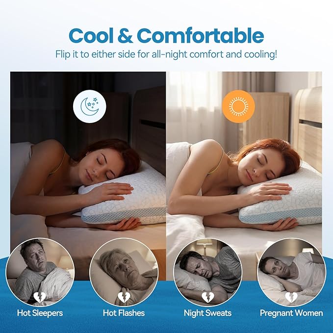 QUTOOL Cooling Pillows for Hot Sleeping, Shredded Memory Foam Pillows Standard Size Set of 1,Adjustable Soft & Firm Gel Bed Pillow for Side, Back, Stomach Sleepers