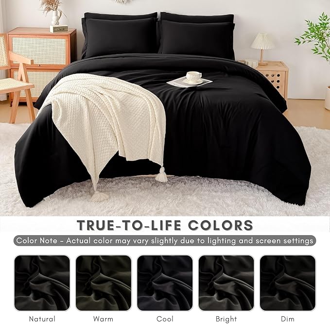 Cal King Comforter Duvet Cover Set Black - 7-Piece Bed in a Bag, Festive Gift Double Brushed Micorfiber All-Season Soft Bedding with Sheets & Envelope Pillowcases(104"x90",Cal King)