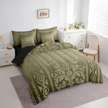Comforter Set Queen Size, Olive Aztec Damask 7 Pcs Bedding for Kids and Adults, Victorian Decor Western Baroque Goth Bed Sheet Sets with Fitted Sheet 2 Pillowcases & 2 Shams for Bedroom Bed Decor