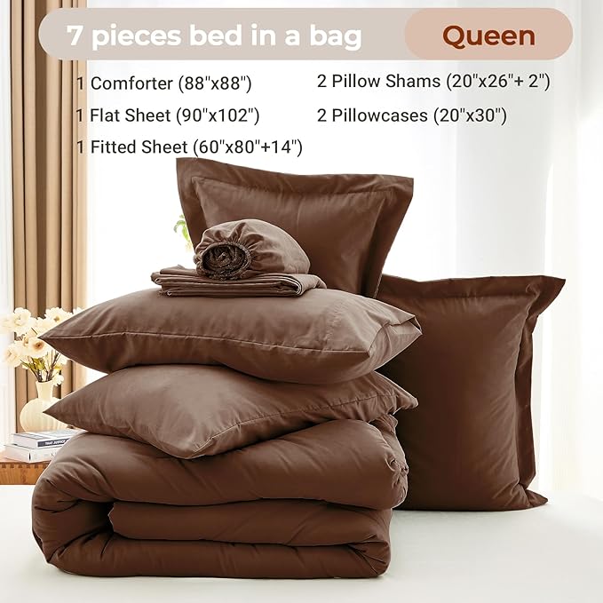 MUXHOMO 7 Pieces Queen Comforter Set, Soft Bed in a Bag Queen Size, All Season Bedding Set with Comforter, Flat Sheet, Fitted Sheet, Pillowcases & Shams, Brown