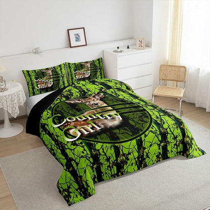 Erosebridal Deer Hunting Camo Queen Bedding Set,Green Camouflage Comforter Set for Boys Girls Kids,Rustic Lodge Cabin Comforter,Country Hunter Bedroom Decor with 2 Pillowcases,Breathable