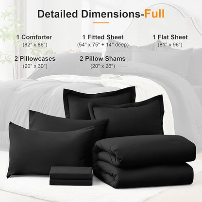 Full Comforter Set 7 Pieces - Ultra-Soft Bed in a Bag Full Size, Cozy Luxury All Season Bedding Sets with Comforter, Flat Sheet, Fitted Sheet, 2 Pillow Shams & 2 Pillowcases, Black