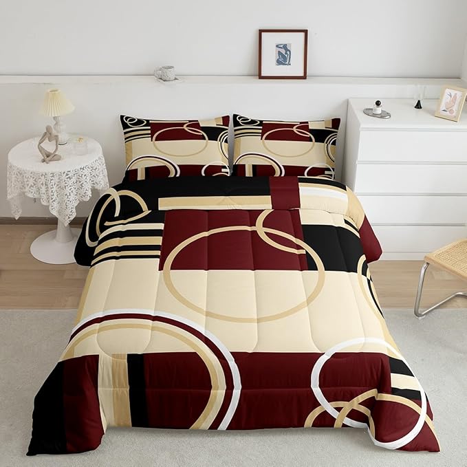 Erosebridal Modern Geometric Comforter Set Red Brown Black Stripes Down Comforter Queen Size Retro Circle Swirls Bedding Set Bedroom Decor Abstract Texture Color Art Comforter for Kids Adult