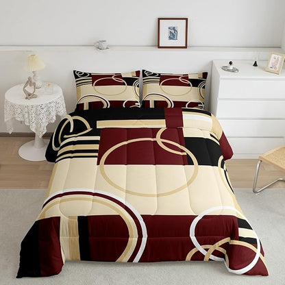 Erosebridal Modern Geometric Comforter Set Twin Size - Red Brown Black Stripes Down Bedding With Retro Circle Swirls - Abstract Texture Color Art for Kids Adult Bedroom Decor