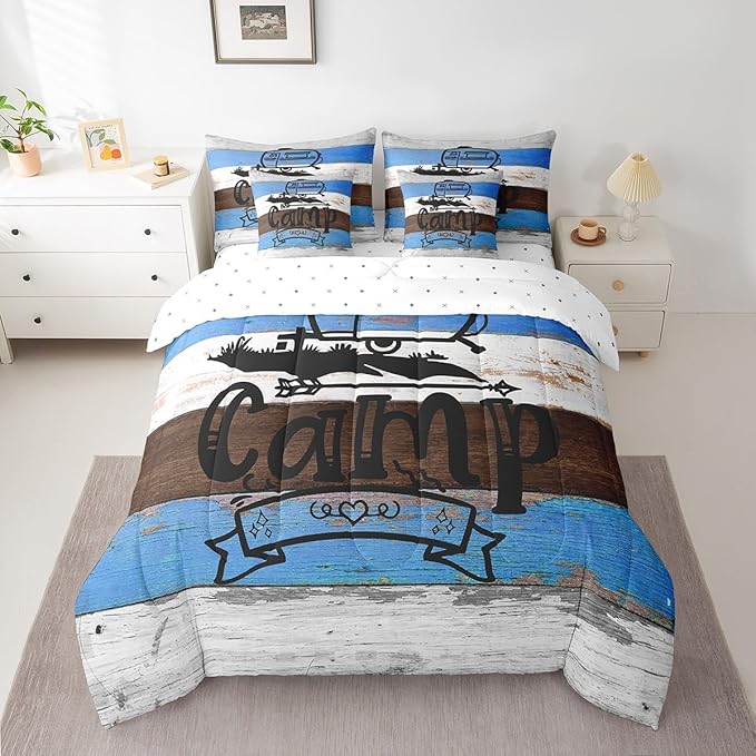 Erosebridal King 7Pcs Happy Camping Comforter Set Bed in a Bag Rv Camper Rules Comforter Set with Wooden Style Sheets(1 Comforter, 1 Flat Sheet 1 Fitted Sheet 2 Pillowcases and 2 Throw Pillow Covers)