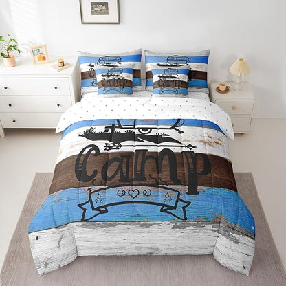 Erosebridal King 7Pcs Happy Camping Comforter Set Bed in a Bag Rv Camper Rules Comforter Set with Wooden Style Sheets(1 Comforter, 1 Flat Sheet 1 Fitted Sheet 2 Pillowcases and 2 Throw Pillow Covers)