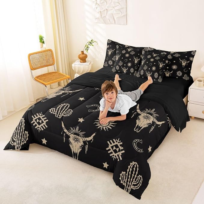 Erosebridal Western Bull Skull Bed in A Bag 7 Pcs Exotic Boho Cow Skull Comforter Set for Kids Boys Girls Black Brown Ethnic Horns Bedding Sets Twin Tropical Western Cactus Sheet Set with Comforter