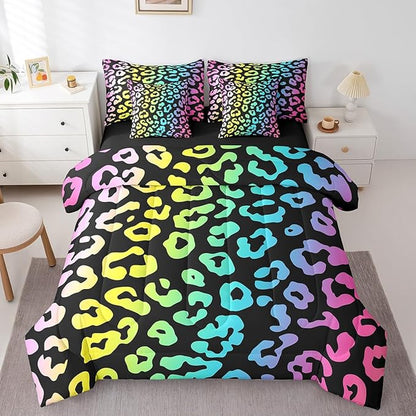 Leopard Print Comforter Set in a Bag 7 Pcs,Rainbow Cheetah Print Bed Set,Colorful Wild Animal Skin Print Bedding Sets,Twin Size(1 Comforter,2 Pillowcase,2 Pillow Covers,1 Flat Sheet,1 Fitted Sheet)