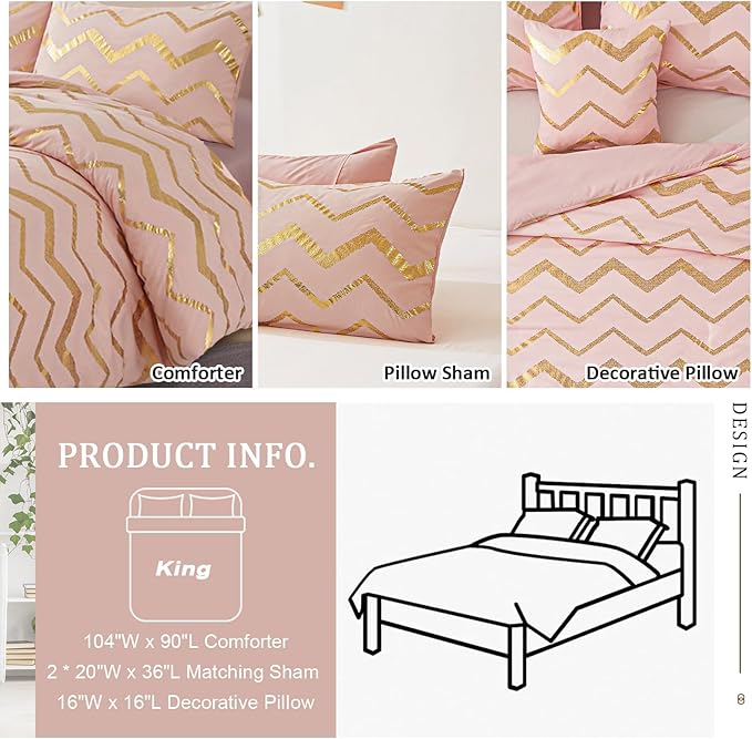 Menghomeus Pink Comforter Set King Size Metallic Blush and Rose Gold Bed Comforter 4 Piece Soft Microfiber Bedding for Teen Girls Women (2 Pillow Shams + 1 Decorative Pillow Sham)
