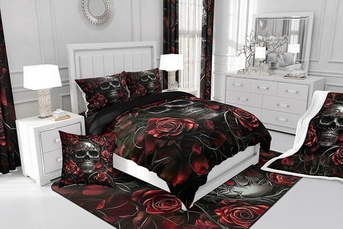 Erosebridal Adults Gothic Comforter Set Bohemian Boho Goth King Bedding Set Vintage Horror Skull Bed Sets Red Rose Baroque Victorian Romantic Rose Duvet Insert,Halloween Gothic Bedroom Decor