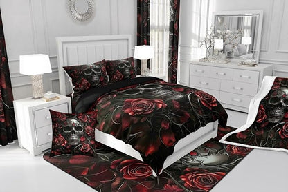 Erosebridal Adults Gothic Comforter Set Bohemian Boho Goth Bedding Set Twin Vintage Horror Skull Bed Sets Red Rose Baroque Victorian Romantic Rose Duvet Insert,Halloween Gothic Bedroom Decor