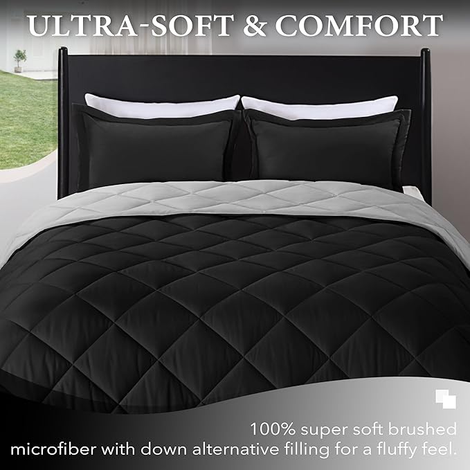 downluxe King Size Comforter Set - Black and Grey King Comforter, Soft Bedding Sets for All Seasons -3 Pieces - 1 Comforter (104"x92") and 2 Pillow Shams(20"x36")