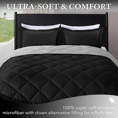 downluxe Full Size Comforter Set - Black and Grey Full Comforter - Soft Bedding Sets for All Seasons -3- Piece Comforter Set Full with 2 Reversible Pillow Shams