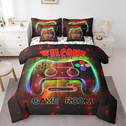 jejeloiu Cool Gamer 7 Piece Bedding Set King Size for Boys 3D Gaming Comforter Set with Sheets Kids Teens Bright Red Bed in a Bag Modern Game Console Bed Set