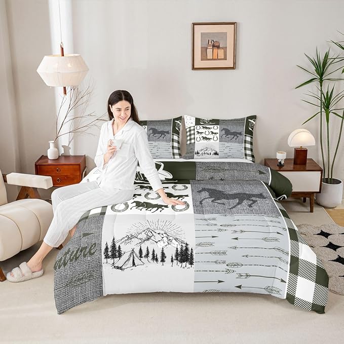Erosebridal Rustic Horse Bedding Set, Retro Western Cowboy Horseshoe Comforter Set King, Southwestern Riding Boots Arrow Quilt Rustic Adventure Duvet Insert Cabin Lodge Bedroom Decor, 2 Pillow Cases