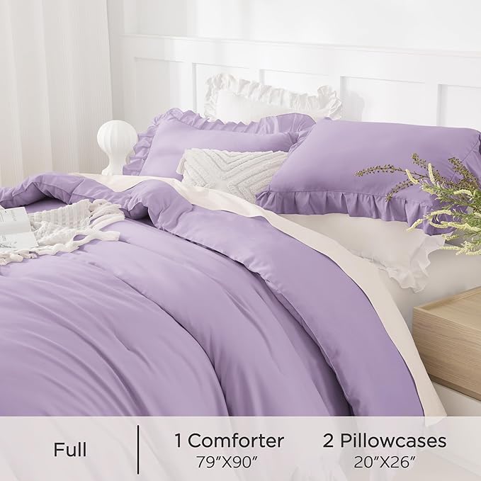 Andency Lavender Ruffle Comforter Set (79x90Inch), 3 Pieces (1 Comforter, 2 Pillowcases) Solid Farmhouse Shabby Chic Bed, Vintage Rustic Soft Microfiber Bedding Set