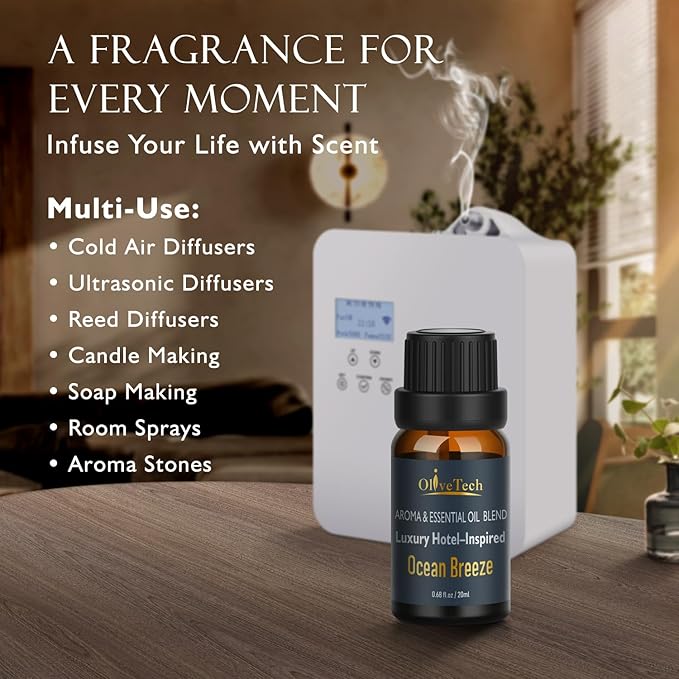 Hotel Diffuser Oil 20ml – Inspired by Iconic Luxury Hotel Ocean Breeze Edition Scent, OliveTech Aromatherapy Fragrance Oil for Cold Air & Ultrasonic Diffusers, Glass Bottle (0.68 fl oz)