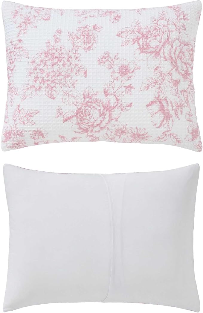 Laura Ashley - Comforter Set, Soft Poly Waffle Textured Bedding with Matching Shams, Delicate Floral Design (Delphine Pastel Pink, Full/Queen)