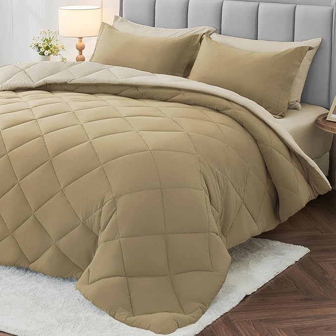 MUXHOMO 7 Pieces California King Comforter Set, Reversible Bed in a Bag Cal King Size, All Season Bedding Set with Comforter, Flat Sheet, Fitted Sheet, Pillowcases & Shams, Khaki & Linen