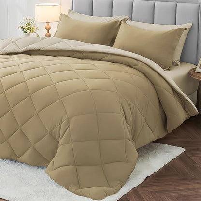 MUXHOMO 5 Pieces Twin XL Comforter Set, Reversible Bed in a Bag Twin XL Size, All Season Bedding Set with Comforter, Flat Sheet, Fitted Sheet, Pillowcases & Shams, Khaki & Linen