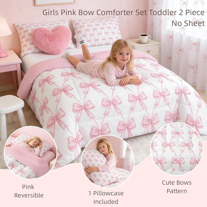 Feelyou Pink Bow Toddler Bedding Set for Girls, Pink Bow Comforter Set for Kids, Cute Bowknot Girls Comforter Kawaii Dreamy Princess Style Room Decor, 1 Pillowcase