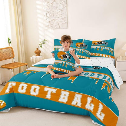 Erosebridal Football 7 Pcs Comforter Set Twin Football City Bedding for Boys Girls Teal Football Fans Sheet Set Bed in A Bag Rugby Game Bedroom Decor Sports Ball Competition Bed Set