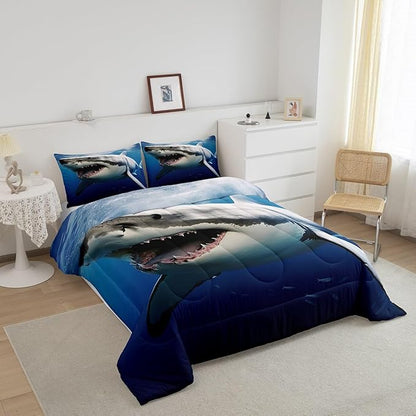 Kids Comforter Set for Boys Girls,3D Shark Fish Down Comforter 2 Piece Hawaiian Beach Theme Bedding Quilted Duvet Set Ocean Sea Animal Pattern Blue Duvet Insert for Toddler Teen Bedroom Decor,Twin