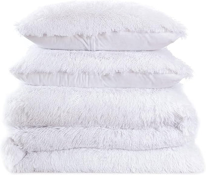 Twin Size Luxury Faux Fur Comforter Set - Soft & Breathable 5-Piece Bedding Collection - 1 Comforter, 1 Fitted Sheet, 1 Flat, 1 Pillowcase, 1 Pillow Sham - Deep Pocket - Premium Quality, White