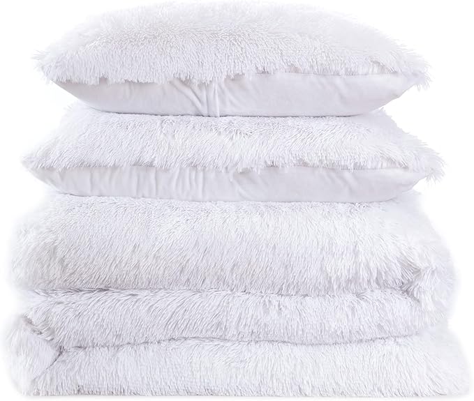 Full Size Luxury Faux Fur Comforter Set - Soft & Breathable 7-Piece Bedding Collection - 1 Comforter, 1 Fitted Sheet, 1 Flat, 2 Pillowcases, 2 Pillow Shams - Deep Pocket - Premium Quality, White