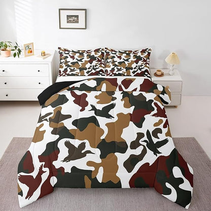 Erosebridal Hunter Comforter Set King Size Camo Duck Bedding for Kids Camouflage Farmhouse Camping Comforter Vintage Army Green Yellow Room Decor Wild Animal Rustic Duvet Set