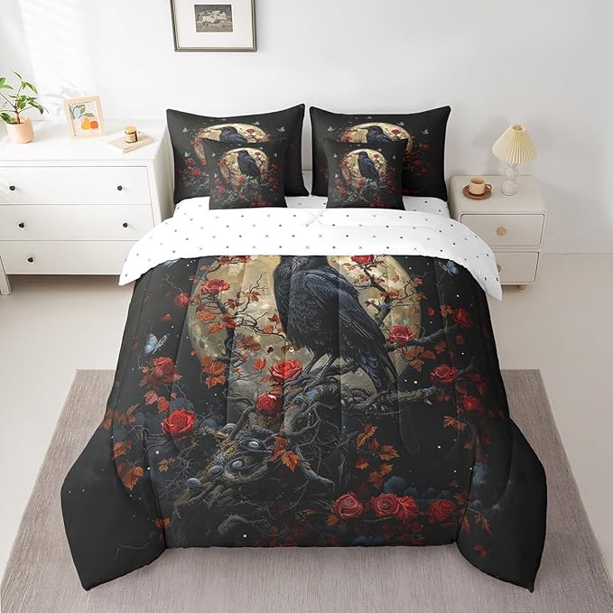 Erosebridal Gothic Red Rose Twin Comforter Set with Sheets,Butterfly Flowers 7 Piece Bedding Set Crow Halloween Decorations for Bedroom,Goth Moon and Floral Bed in a Bag with Pillowcases & Shams