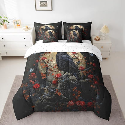 Erosebridal Gothic Red Rose King Comforter Set with Sheets,Butterfly Flower 7 Piece Bedding Set Crow Halloween Decorations for Bedroom,Goth Moon and Floral Bed in a Bag with Pillowcases & Shams