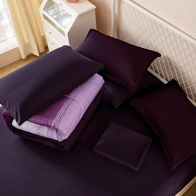Dinjoy Girls Comforter Set Queen Size 7 Pieces Bed in A Bag Ombre Purple White Rainbow Bedding Set Collections for Teen Women (1 Comforter, 1 Flat Sheet, 1 Fitted Sheet, 2 Pillow Shams, 2 Pillowcases)