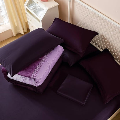 Dinjoy Girls Comforter Set Queen Size 7 Pieces Bed in A Bag Ombre Purple White Rainbow Bedding Set Collections for Teen Women (1 Comforter, 1 Flat Sheet, 1 Fitted Sheet, 2 Pillow Shams, 2 Pillowcases)