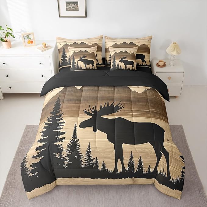 Erosebridal Antler Moose Bed in A Bag with Flat Fitted Sheets | Twin Size 7 Pieces Hunting Deer Comforter Set with Sheets Rustic Cabin Lodge Bedding Set Woodland Country Deer Silhouette Bed Sets
