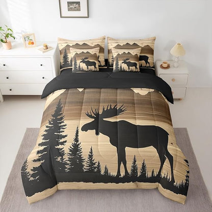 Erosebridal Antler Moose Bed in A Bag with Flat Fitted Sheets | Twin Size 7 Pieces Hunting Deer Comforter Set with Sheets Rustic Cabin Lodge Bedding Set Woodland Country Deer Silhouette Bed Sets