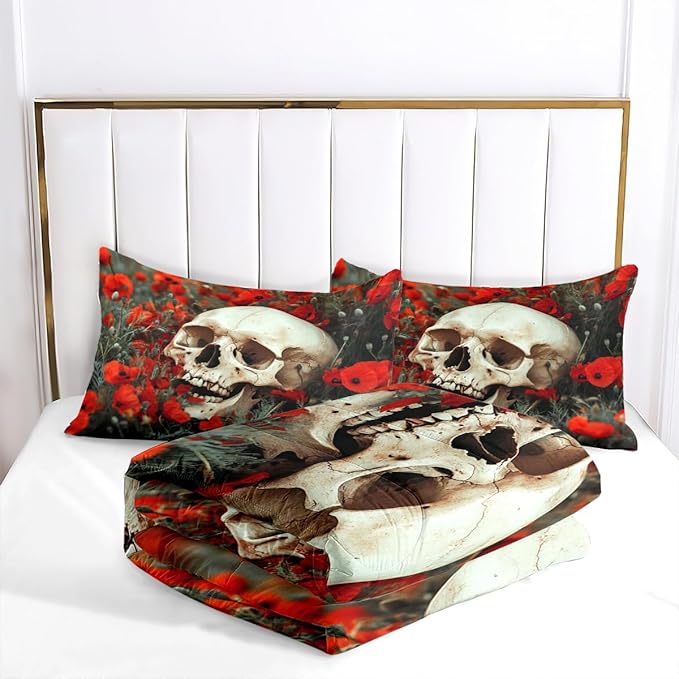 Gothic Skull Comforter Set Queen Size, Black Red Floral Microfiber Bedding Set, Horror Themed Bedroom Decor for Adult/Women