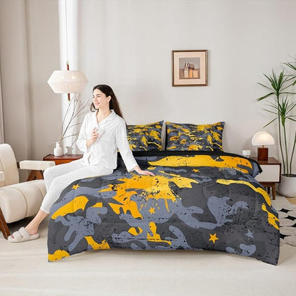Erosebridal Camouflage King Comforter Set Stars 7-Piece Bed in A Bag Graffiti Watercolor Ombre Retro Military Sheets and Pillowcases Grey Yellow Bed Sets