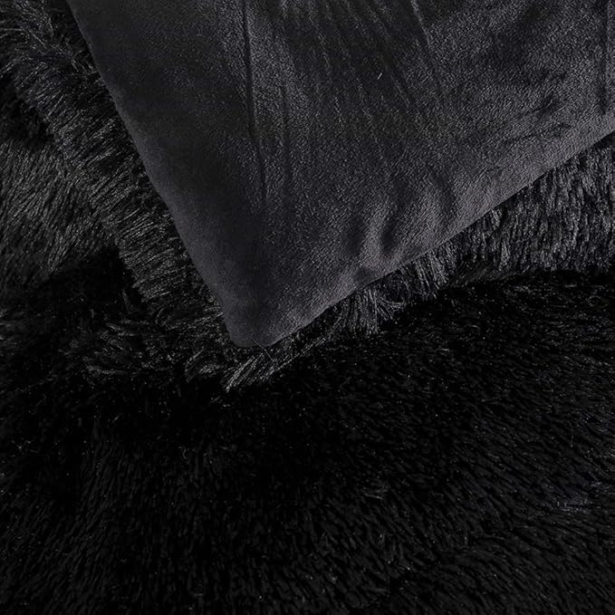chovy Faux Fur Plush Black Comforter Sets Twin/Full Size - Ultra Soft Shaggy Flannel Velvet Fluffy Fuzzy 3PC Bedding Set （Comforter x 1 Pillowcases x 2）