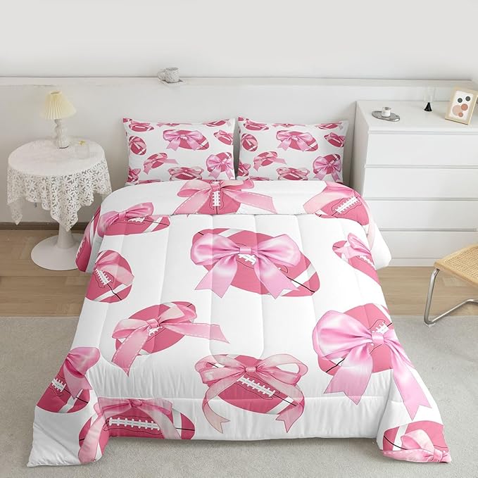 Bowknot Football Comforter Set Full Size,Pink Bow Knot Print Bedding Sets 3Pcs for Kids Girls Women Room Decor,Ball Sport Games Theme Duvet Insert Cute Cartoon Girly Down Comforter,2 Pillowcases