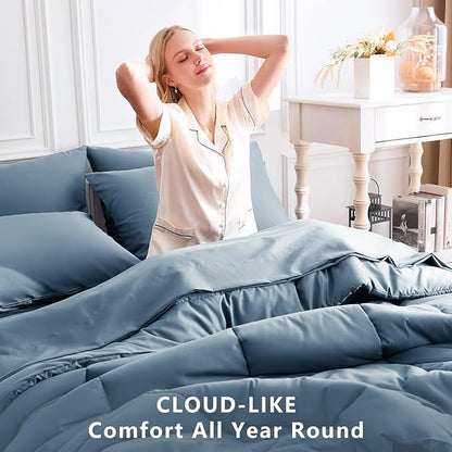 CozyLux California King Comforter Sets Mineral Blue, 7 Pieces Cal King Bed in a Bag, All Season Bedding Sets with Stitch Quilted Comforter, Flat Sheet, Fitted Sheet, Pillowcases